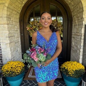 Sherri Hill Iridescent Blue Sequin Mini Dress